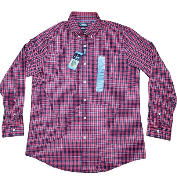 NEW Chaps Mens Easy Care Stretch Shirt‎ Size L Plaid Long Sleeve Red Blue - Picture 2 of 6